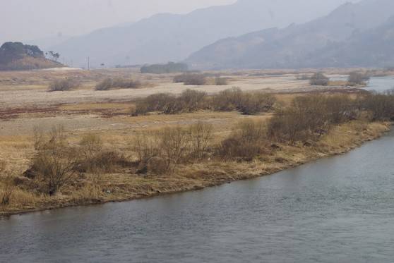 섬진강 하류 모래톱. 최근 내린 비로 유량이 다소 늘어났지만 모래톱은 육지화됐다. 강찬수 기자