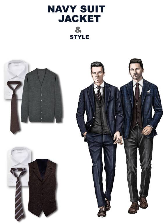 네이비 컬러와 잘 어울리는 그레이, 다크 브라운 컬러를 활용하여 코디하면 스타일의 폭이 더 넓어진다. [사진 양현석]