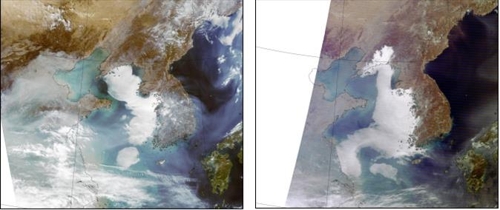 한반도 주변 위성사진 미국 항공우주국(NASA)의 지구관측위성 테라(TERRA) 등이 촬영한 22일과 23일 위성사진.