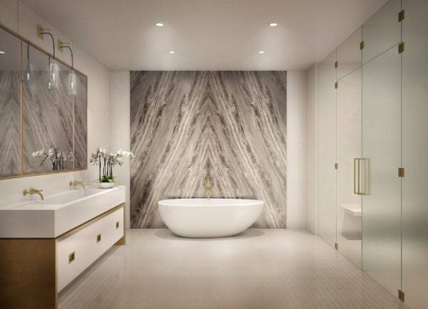 화이트와 그레이 컬러 대리석으로 마감한 욕실. /6sqft.com
