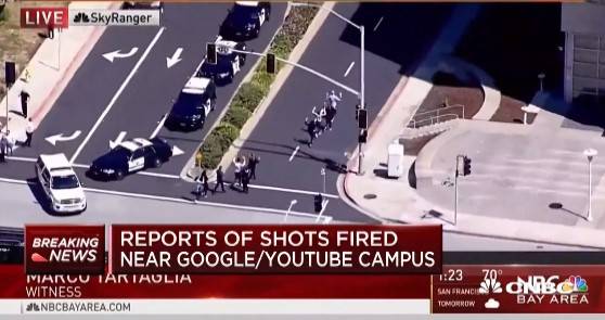 3일(현지시간) 캘리포이나주 유튜브 본사 근처의 총격 사고 현장/CNBC에 게재된 NBC 방송 캡쳐