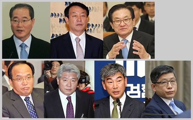 2007년 ‘한나라당 후보’ 이명박 수사 당시 (왼쪽 위부터) 임채진 검찰총장, 권재진 대검 차장, 이귀남 대검 중수부장, 명동성 서울중앙지검장, 김홍일3차장, 최재경 특수1부장, 김기동 서울중앙지검 특수1부 부부장. 한겨레 자료사진