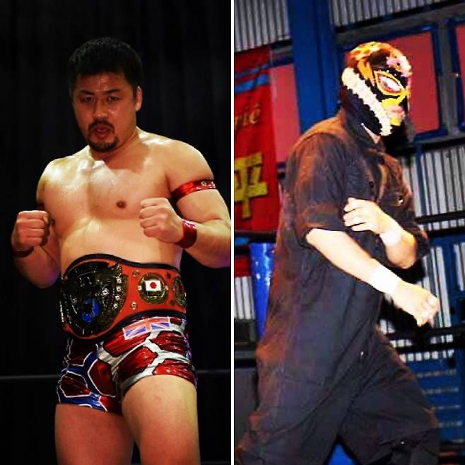 올 아시아 헤비급 챔피언 사이료지(왼쪽)와 한국 인디프로레슬링 단체 기대주인 도전자 김수빈이 챔피언 벨트를 놓고 대결한다. 사진=프로레슬링 피트