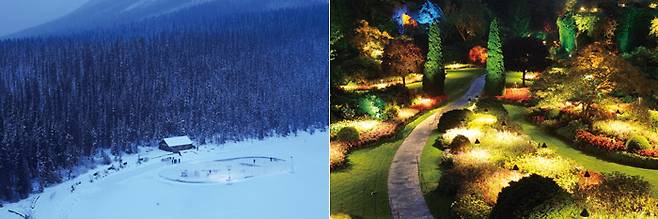 꽁꽁 언 루이스 호수와 끝없이 펼쳐진 침엽수림 / 세계 최고의 식물원 부차트 가든. /ⓒShutterstock_2009fotofriends