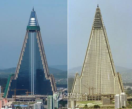 외벽공사 마친 후와 마치기 전의 류경호텔 [연합뉴스 자료사진]