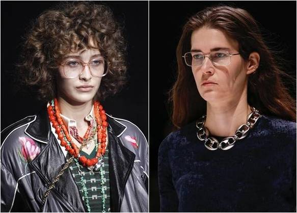 구찌 2018 봄 여름 패션쇼(왼쪽)와 발렌시아가 2018 가을 겨울 패션쇼에 등장한 안경 쓴 모델들./각 브랜드 제공