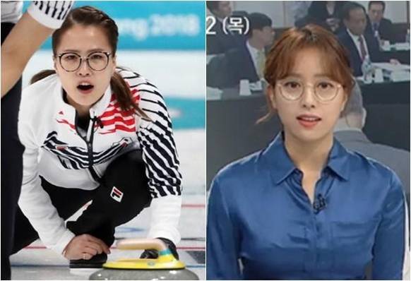 안경을 쓰고 경기 임하는 모습에 ‘안경 선배’라는 별명을 얻은 김은정 선수(왼쪽)와 안경을 쓰고 뉴스를 진행한 임현주 MBC 앵커/조선DB, MBC 방송화면 캡처
