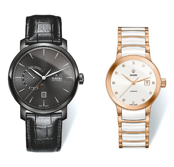 클래식 스타일의 남성용 시계 ‘다이아마스터 파워 리저브’(253만원, 유광 하이테크 세라믹 소재, 다이얼의 선레이 디테일, 최대 80시간 리저브)와 여성용 시계 ‘센트릭스 다이아몬드’(270만원, 12개의 다이아 인덱스, 테이퍼 스타일 브레이슬릿, 로즈 골드 세팅).