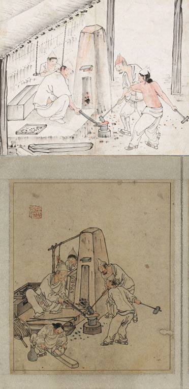 김득신의 ‘대장간(위 그림)’과 김홍도의 ‘대장간’. 주제가 같지만 다른 그림이다. 김득신의 그림을 보면 쇳덩이를 집게로 잡고 있는 대장장이의 시선이 화가를 향해 있다. 사진 찍을 때 카메라를 쳐다보는 모습이다. 순간포착의 느낌이 든다.