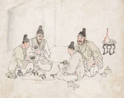 김득신의 투전도,  안경 속에 비치는 사람의 눈길과 두 손으로 골패를 감추는 사람, 허리춤에 차고 있는 돈주머니 등 노름방의 긴박감을 전했다. 특히 맨 오른쪽 인물은 초상화 기법으로 얼굴을 입체적으로 그렸다.