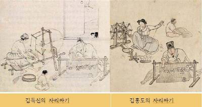 김득신 김홍도의 자리짜기. 가문의 희망인 아이의 글읽는 소리에 맞춰 부부가 자리를 짜고, 물레를 돌리고 있다. 그런데 김득신은 김홍도와 달리 집안의 정경을 삽입했다. 여기에 문틈을 얼굴을 빼꼼히 내밀고 있는 고양이를 배치함으로써 현장감을 더했다.