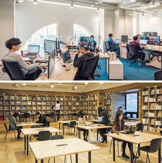 서울 강남구 역삼동에 있는 스파크플러스 유니버스점 3층에 입주한 한 스타트업 직원들이 컴퓨터 작업을 하고 있다. 스파크플러스는 작년 8월 국내 공유 오피스로는 처음으로 5개 층 전체를 임차해 2호점을 열었다(위). 올 1월 서울 강남구 테헤란로에 문을 연 패스트파이브 삼성2호점 3층 공용 라운지에서 입주사 직원들이 업무를 보고 있다. 방문객을 포함해 누구나 자유롭게 사용할 수 있는 공간이다(아래). /스파크플러스·패스트파이브