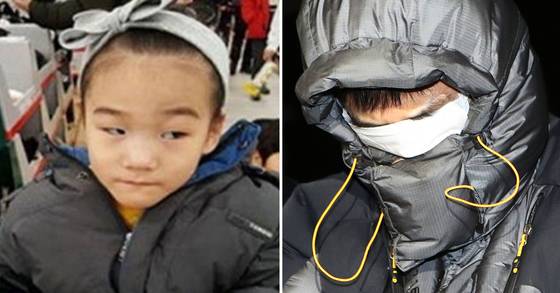 결국 싸늘한 주검으로 발견된 고준희(5, 왼쪽 사진)양과 준희양의 시신이 발견된 뒤 전주덕진경찰서 유치장에 들어가기 전 고개를 숙인 친부 고모(36)씨. [중앙포토]