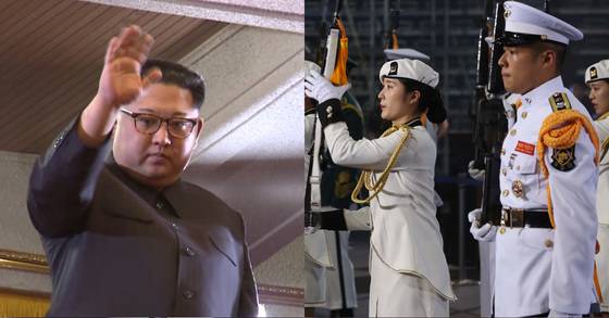 김정은 북한 국무위원장(왼쪽)이 27일 남북정상회담에서 문재인 대통령과 함께 국군 의장대(오른쪽)를 사열할 예정이다. 북한 지도자가 국군 의장대를 사열하는 건 김 위원장이 처음이다.[중앙포토]