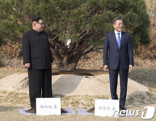 남북화합의 소나무 앞에서 문재인 대통령과 김정은 국무위위원장이 27일 오후 경기도 파주 판문점 내에 남북의 화합을 상징하는 소나무를 심은 뒤 대화하고 있다. 2018.4.27 © News1 한국공동사진기자단