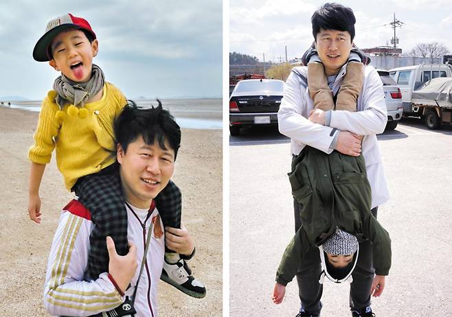 소방관 아빠 하현명씨의 어깨에 올라탄 아들 이안이가 혀를 빼꼼 내밀며 환하게 웃거나(왼쪽 사진), 아빠에게 거꾸로 매달려 놀고 있다. 하씨는 아들과 몸으로 놀아주며 거리를 좁히는 방식으로 아들을 ‘아빠 편’으로 만드는 데 성공했다. /하현명씨 제공