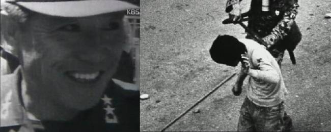 80년 5월 광주사태 진압 책임자 소준열 사령과의 웃는 모습(왼쪽)과 계엄군에 의해 폭행이 가해지고 있는 모습. 5·18기록관 영상캡처.