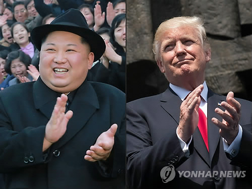 트럼프 미 대통령과 김정은 북한 국무위원장 손뼉치는 모습 합성사진 [워싱턴 AFP=연합뉴스]