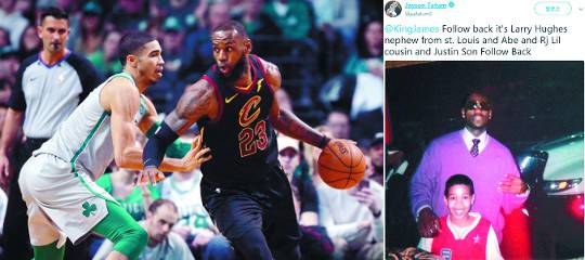 보스턴 셀틱스의 제이슨 테이텀(왼쪽)이 지난 2월 열린 미국프로농구(NBA) 정규리그 경기에서 클리블랜드 캐벌리어스의 르브론 제임스를 수비하고 있다. 오른쪽 사진은 테이텀이 2012년 제임스에게 “나를 팔로우해달라”며 보낸 SNS 메시지. AP뉴시스 트위터 캡처