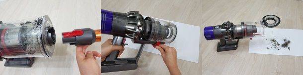 '포인트 앤 슈트' 방식으로 빨간색 레버를 아래로 당겨 먼지통을 간편하게 비울 수 있다.(사진=지디넷코리아)