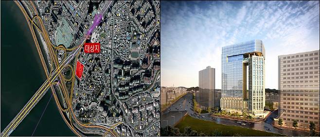 관광호텔이 들어서는 마포로1구역 제24지구 사업위치도(왼쪽)와 조감도