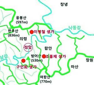 경남 남강에 있는 정암(솥바위)을 둘러싸고 의령의 삼성 이병철 생가, 진주의 엘지 구인회 생가, 함안의 효성 조홍제 생가가 있다.