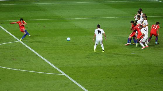 지난해 8월 러시아월드컵 아시아 최종예선 이란과의 경기에서 프리킥을 시도하는 손흥민. [연합뉴스]