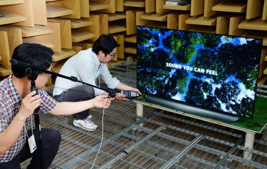 연구원들이 음향 주파수의 특성을 측정하고 있다.  LG전자 제공