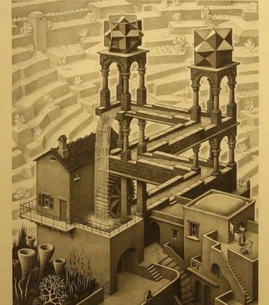 착시현상을 일으키는 그림으로 유명한 네델란드 화가 모리스 에셔의 대표작 '폭포'. 폭포에서 떨어진 물이 물레방아를 거쳐  평지를 흘러 다시 폭포에서 떨어진다.[사진=유튜브 화면캡처]