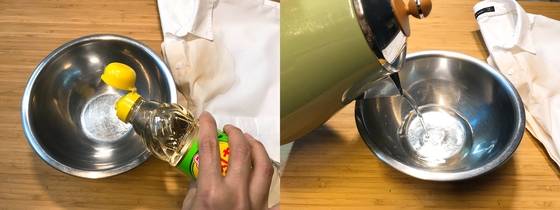 식초 물을 만들 때는 그릇에 식초를 먼저 넣고 물을 섞어 농도를 맞춘다.