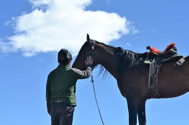 장날 제일 키가 큰 말이 눈에 들어왔다. 필요 이상으로 장대했지만, 이것도 인연인가 싶어 그를 선택했다. 바람이라고 이름 지었다. 키르기스말로는 ‘간다’는 뜻이다.  공원국 제공