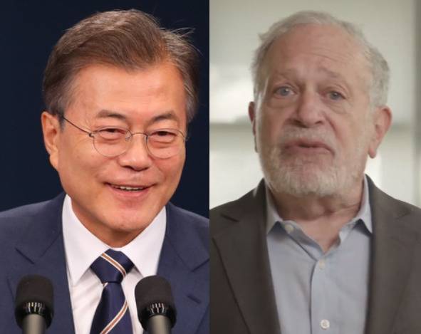 문재인 대통령에 대한 극찬을 남긴 로버트 라이시 교수(오른쪽). 사진 페이스북 영상 갈무리.