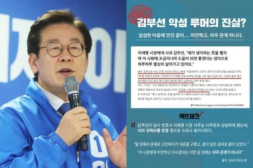 이재명(왼쪽) 후보 측이 "여배우 김부선과의 악성 루머 진실"이라며 블로그에 올린 글. 연합뉴스, 블로그