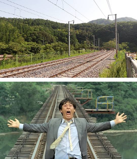 충북 제천시 백운면 애련리 진소마을 철로. 영화 ‘박하사탕’에서 주인공 영호가 두 팔을 벌리고 “나 다시 돌아갈래”라고 외쳤던(아래 사진) 장소다.