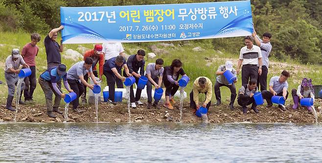지난해 7월 강원 고성군 거진읍 오정저수지에서 열린 어린 뱀장어 방류행사에서 윤승근 고성군수를 비롯한 주민들이 어린 뱀장어 2만여 마리를 방류하고 있다. [고성군청 제공=연합뉴스]