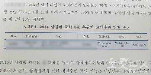 이재명 민주당 경기도지사 후보가 남경필 한국당 후보의 '매관매직' 의혹을 제기한 것과 관련, CBS노컷뉴스가 입수한 이 후보측의 상세 보고자료.(사진=동규 기자)