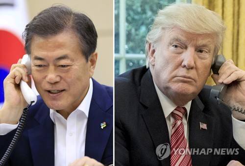 한·미 정상, 북미 정상회담 앞두고 통화 (서울=연합뉴스) 문재인 대통령이 청와대에서 싱가포르 북미 정상회담을 준비하고 있는 도널드 트럼프 미국 대통령과 통화했다고 청와대가 11일 오후 발표했다. 2018.6.11 [청와대 제공·EPA 자료사진=연합뉴스]      hkmpooh@yna.co.kr