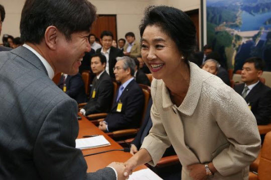 2014년 10월 27일 국정 종합감사가 열린 서울 여의도 국회 국토교통위원회 회의실에서 아파트 난방비 비리와 관련해 참고인으로 출석한 배우 김부선씨가 하태경 의원과 인사를 나누던 모습./조선 DB
