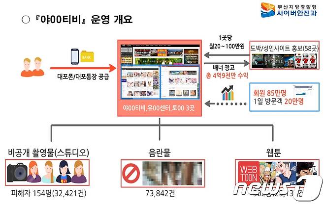 국내 최대규모로 알려진 음란사이트 '야딸티비'범행 개요도.(부산지방경찰청 제공)© News1