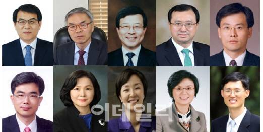 (왼쪽 상단부터 시계방향으로)노태악 서울북부지방법원장, 김선수 법무법인 시민 대표변호사, 이동원 제주지방법원장, 임성근 서울고등법원 부장판사, 한승 전주지방법원장, 문형배 부산고등법원 부장판사, 노정희 법원도서관장, 이선희 성균관대 법학전문대학원 교수, 이은애 서울가정법원 수석부장판사, 김상환 서울중앙지방법원 민사제1수석부장판사 등이다. <사진=대법원 제공>