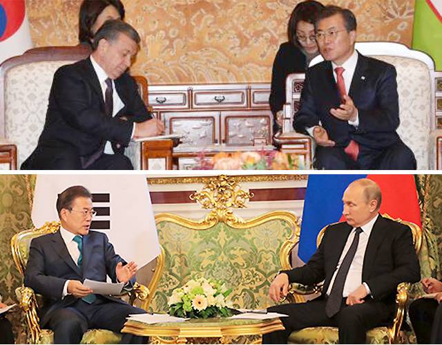 지난해 11월 23일 청와대에서 열린 한-우즈베크 정상회담에서 샵카트 미르지요예프 우즈베키스탄 대통령이 준비해온 메모지에 회담  내용을 적고 있다(위쪽 사진). 22일(현지 시간) 한-러 정상회담에서 문재인 대통령이 메모가 담긴 A4용지를 들고 발언하는 도중  블라디미르 푸틴 러시아 대통령도 탁자 위에 놓인 메모를 보고 있다. 청와대사진기자단