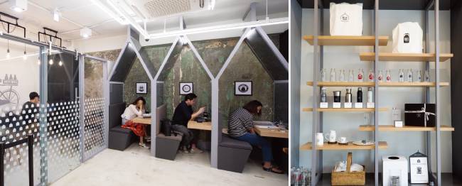 우유갑 형태로 디자인한 좌석이 인상적인 4층(왼쪽), 밀크홀에서 판매하는 다양한 MD 상품.