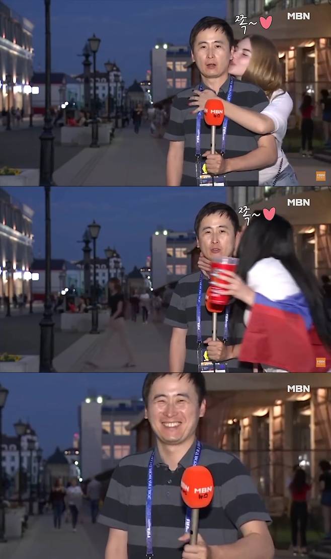 전광열 MBN 기자가 지난달 28일 러시아에서 2018 러시아월드컵 관련 뉴스를 전하던 중 2명의 러시아 여성에게 뺨키스를 당한 영상이 중국 최대 SNS 웨이보에서 ‘성추행’ 논쟁에 휘말렸다. 2018.7.5 MBN 뉴스 유튜브 캡처