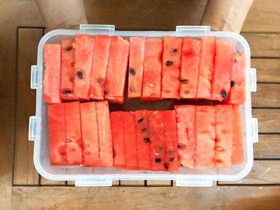 유튜브에서 인기를 얻은 '테트리스 수박'에 실제로 도전했다.