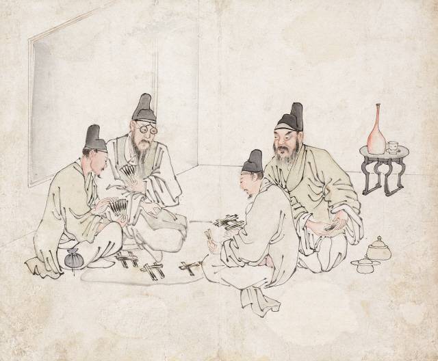 긍재 김득신 ‘밀희투전’. 술과 노름에 얼굴 벌개진 사내들의 투전판을 그렸다. /사진제공=간송미술문화재단