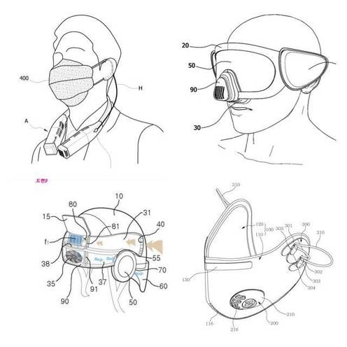 (좌측 상단부터 시계 반대방향)엔즈가 출원한 휴대용 에어블로워 특허, 개인 발명인이 출원한 미세먼지 차단용 고글 특허, 울산과학기술원(UNIST)가 출원한 헬멧형 웨어러블 공기청정기 특허, 네오메드가 출원한 배기밸브를 장착한 미세먼지 제거 마스크 특허./ 특허정보넷 키프리스