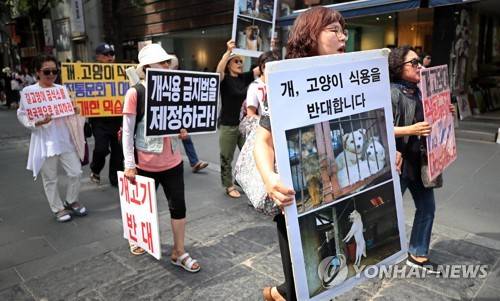 '개고기 반대!' (서울=연합뉴스) 김인철 기자 = 8일 오후 서울 종로구 인사동길에서 개식용종식 시민연대가 개식용 반대 및 개식용금지법 제정을 촉구하며 행진을 하고 있다. 2018.7.8 yatoya@yna.co.kr