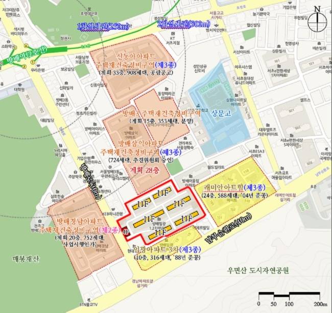 [지도=방배동 재건축 아파트. 붉은색 부분이 임광 1ㆍ2차]