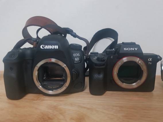 동급인 캐논 6D 마크2(왼쪽)와 소니 A7M3의 크기 비교를 위한 사진. 미러리스인 A7M3가 확실히 더 작다. /김범수 기자