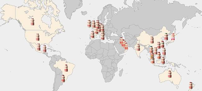 전세계에서 판매되는 야쿠르트 지도. 한국(초록)과 태국(파랑)만 껍데기 색이 다릅니다.
